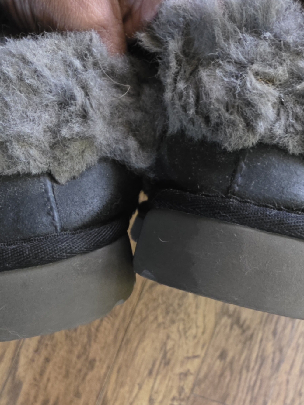 UGG Black Suede Moccasin Slippers with Gray Shearling Cuff - Picture 5 of 11